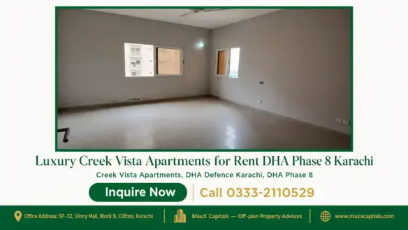 Spacious unfurnished room with tiled flooring, large windows, and neutral wall tones in Creek Vista Apartments, DHA Phase 8,