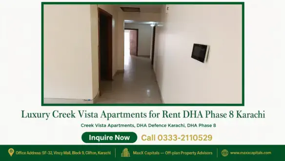 Spacious corridor with tiled flooring and smart panel in Creek Vista Apartments, DHA Phase 8 Karachi.