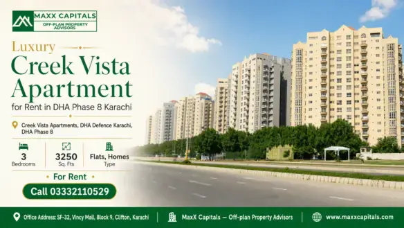 Elegant High-Rise Buildings Of Creek Vista Apartments In Dha Phase 8 Karachi With A Tree-Lined Road In The Foreground.