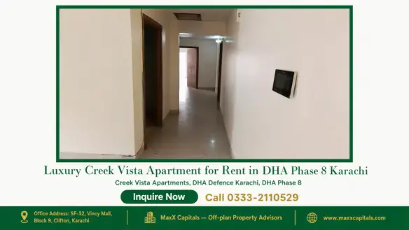 Elegant hallway with tiled flooring and neutral walls in a luxury Creek Vista apartment for rent in DHA Phase 8 Karachi.