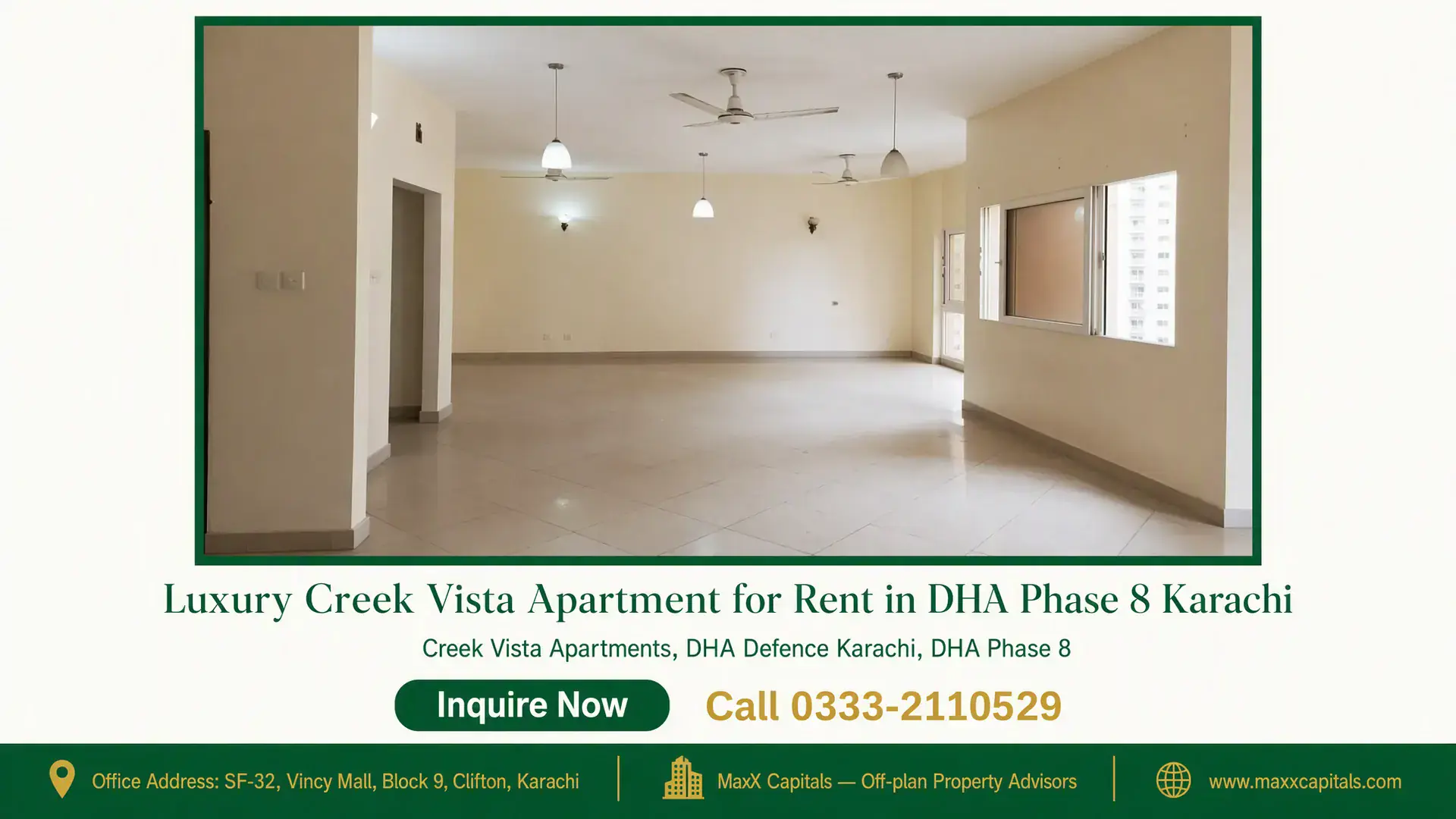 Luxury Creek Vista Apartment for Rent in DHA Phase 8 Karachi Spacious and well-lit living room in a Creek Vista Apartment for rent in DHA Phase 8 Karachi, featuring tiled flooring and ce