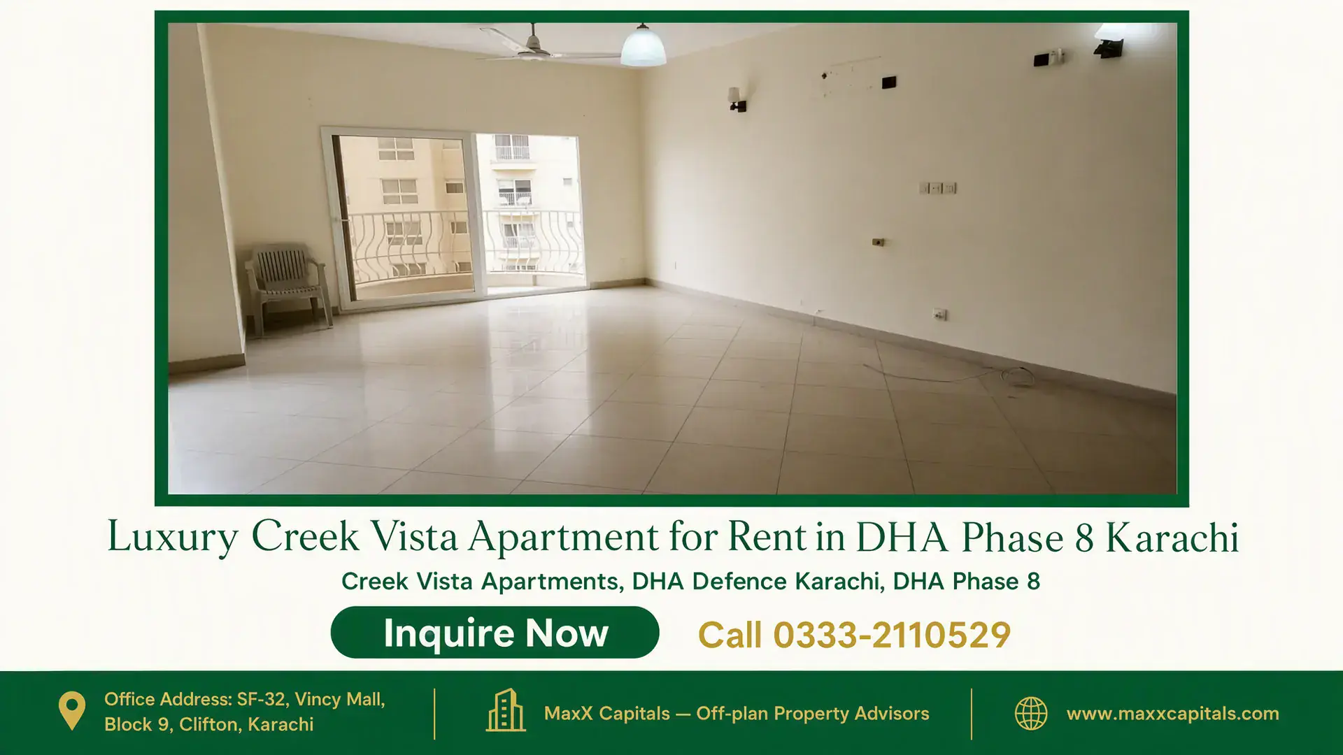 Luxury Creek Vista Apartment for Rent in DHA Phase 8 Karachi Spacious living room with beige tiled flooring, neutral walls, ceiling fan, large window, and natural light, Creek Vista Apar