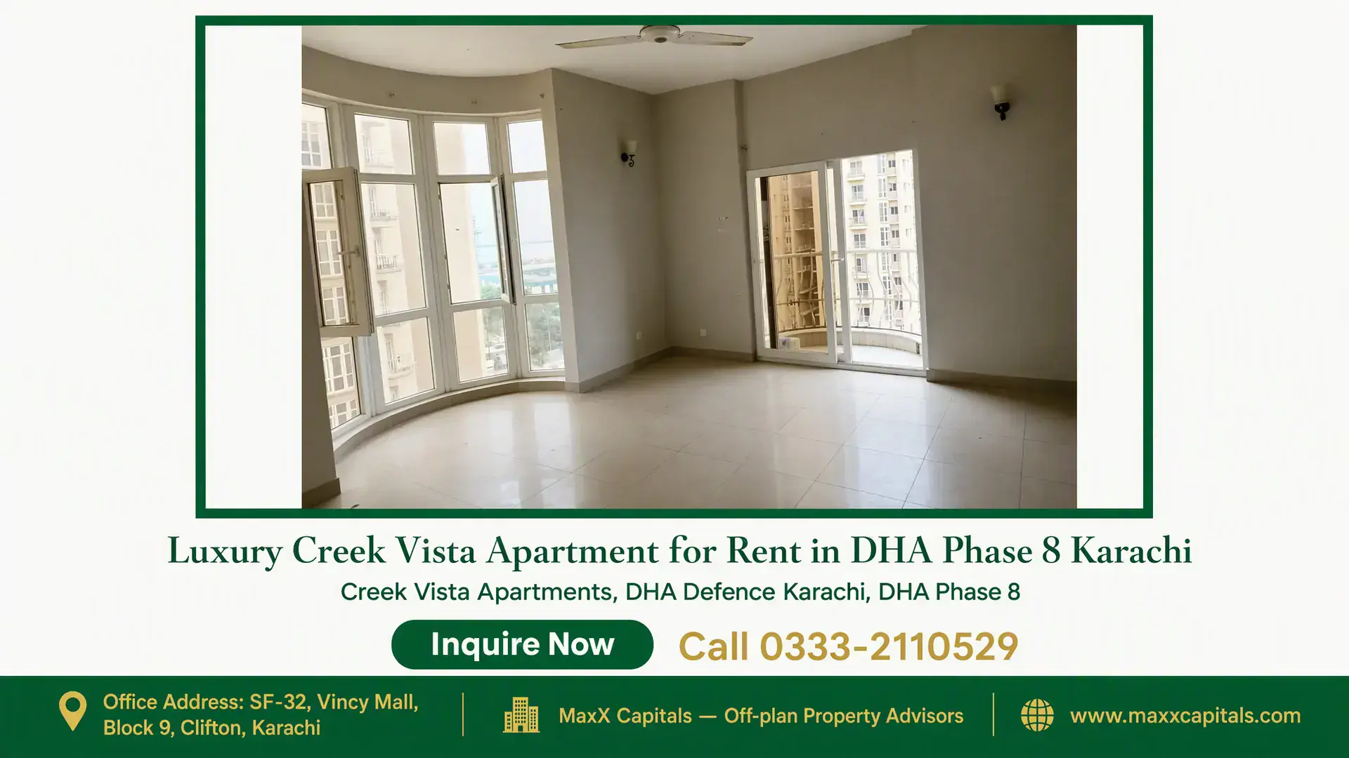 Luxury Creek Vista Apartment for Rent in DHA Phase 8 Karachi Bright living room of a Creek Vista Apartment in DHA Phase 8 Karachi with large windows and balcony access.