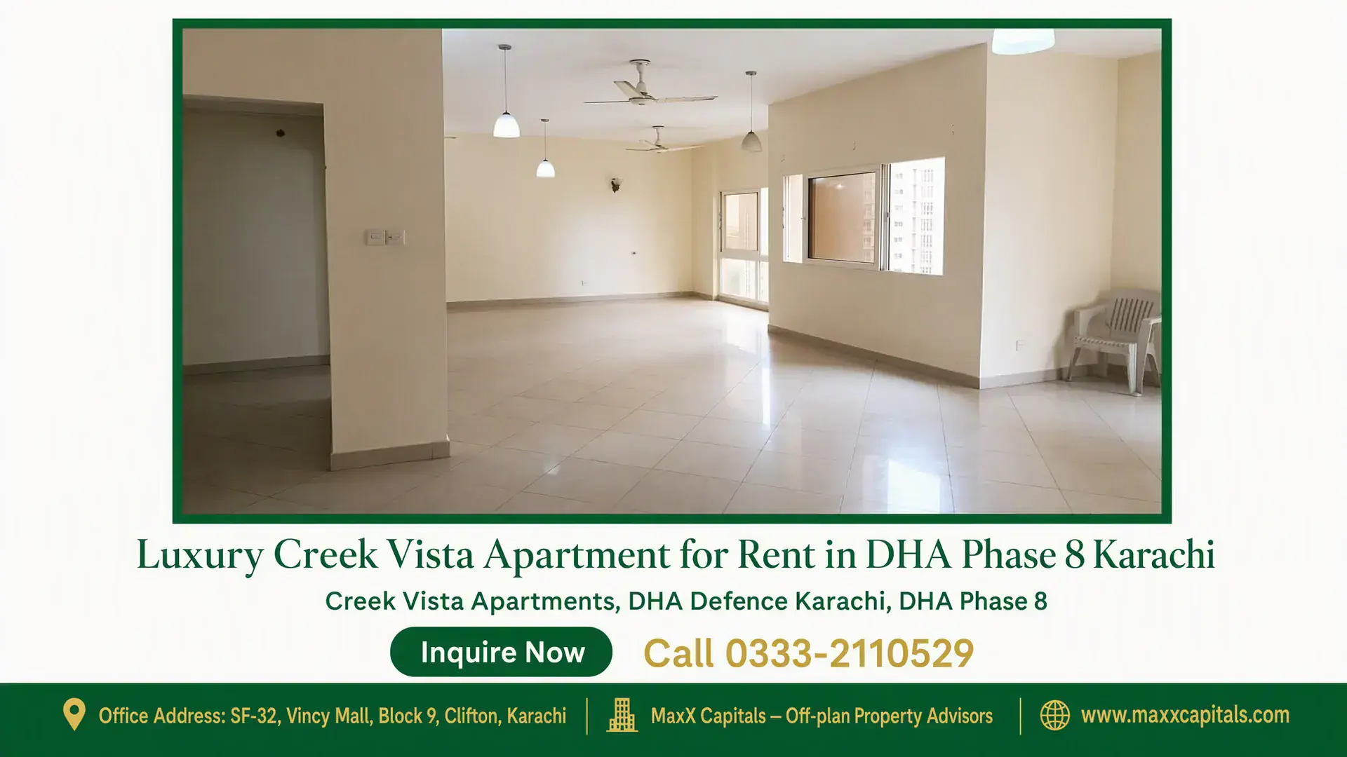 Luxury Creek Vista Apartment for Rent in DHA Phase 8 Karachi Spacious living room with tiled flooring, large windows, natural light, and ceiling fans in a Creek Vista Apartment Karachi.