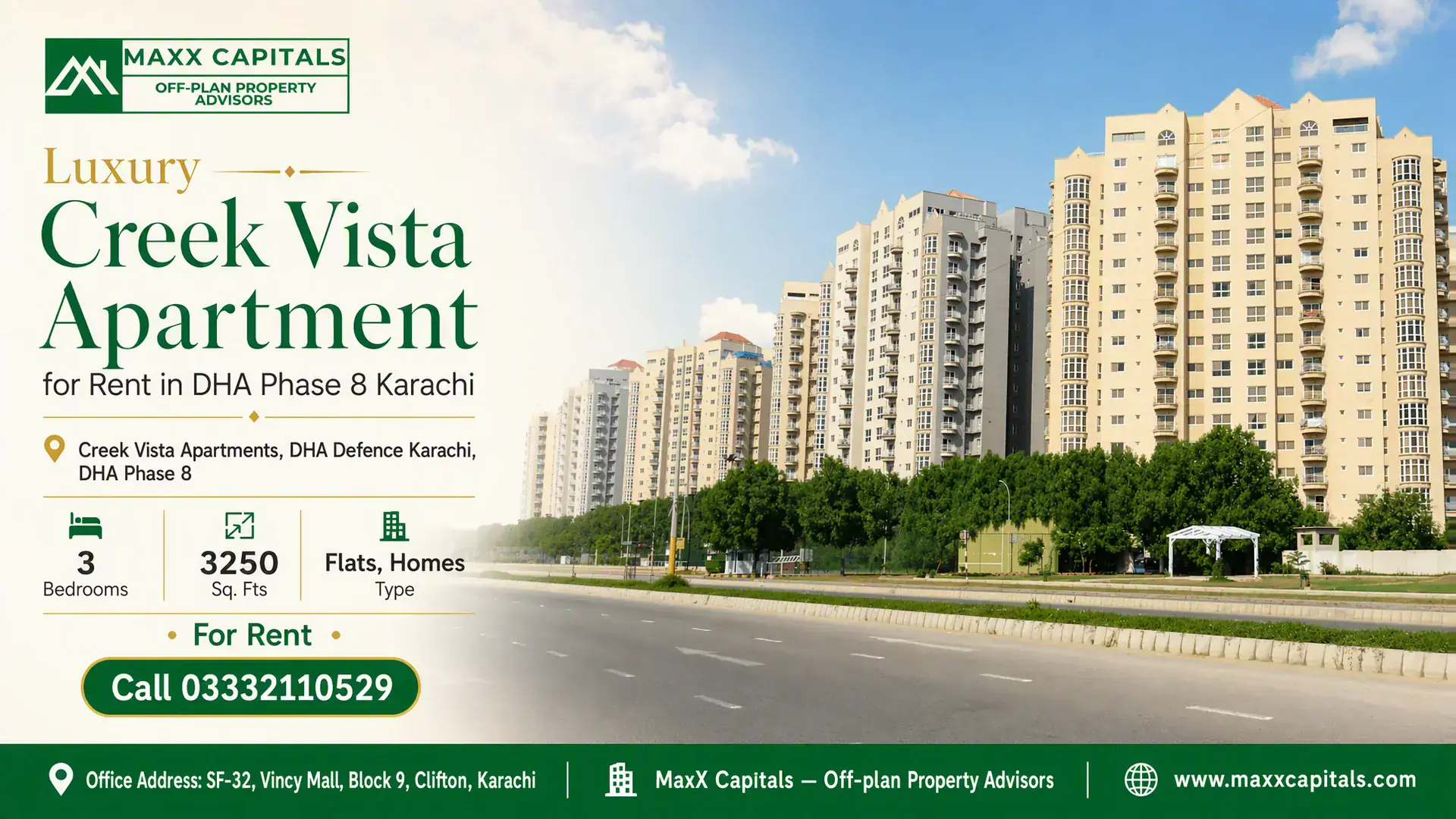 Luxury Creek Vista Apartment for Rent in DHA Phase 8 Karachi Elegant high-rise buildings of Creek Vista Apartments in DHA Phase 8 Karachi with a tree-lined road in the foreground.