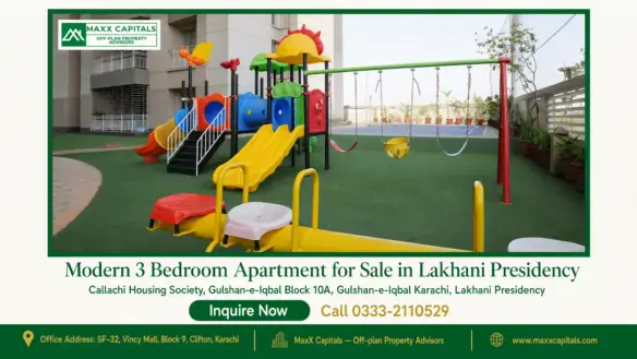 Modern and safe outdoor children's play area with slides, swings, and greenery at Lakhani Presidency, Karachi.