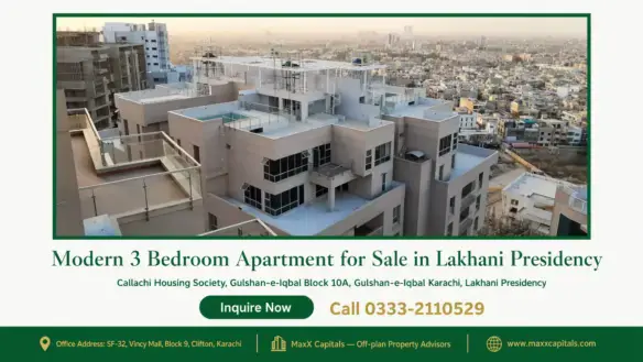 Panoramic view of a modern apartment complex with rooftop terraces in Lakhani Presidency, Karachi.