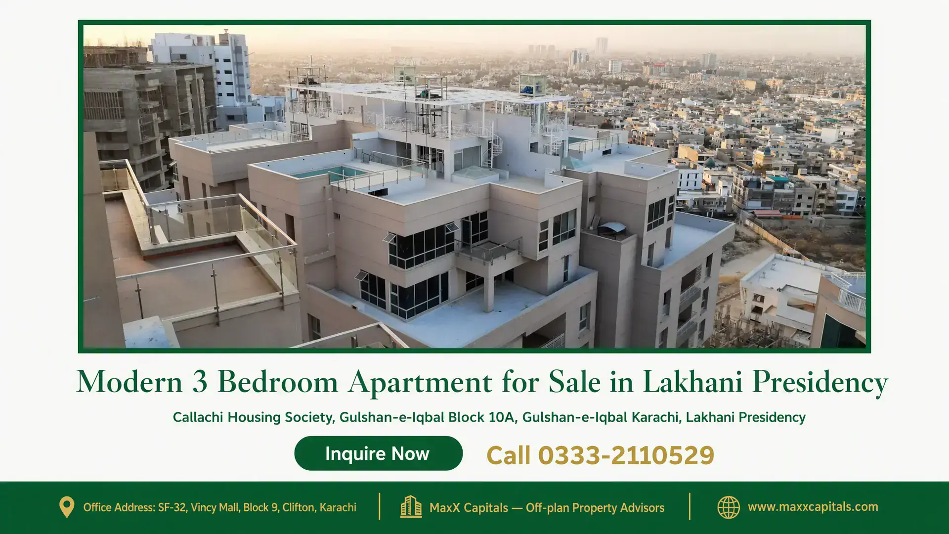Modern 3 Bedroom Apartment for Sale in Lakhani Presidency Panoramic view of a modern apartment complex with rooftop terraces in Lakhani Presidency, Karachi.