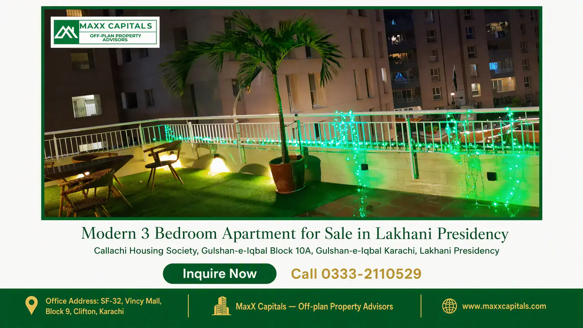 Modern 3 Bedroom Apartment for Sale in Lakhani Presidency Private balcony with artificial turf, potted palm trees, modern seating, and ambient green lighting in a luxury apartment bui