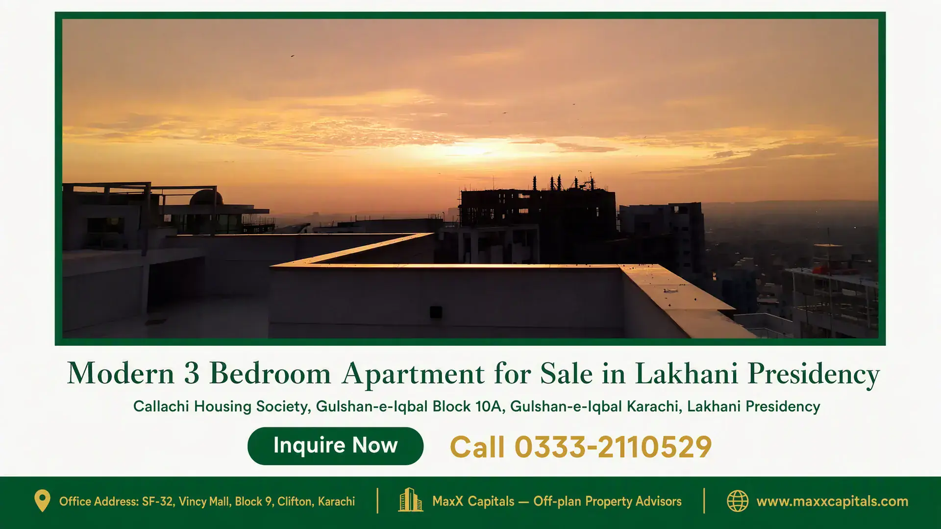 Modern 3 Bedroom Apartment for Sale in Lakhani Presidency Rooftop view of Lakhani Presidency in Karachi with a golden sunset and urban skyline in the background.