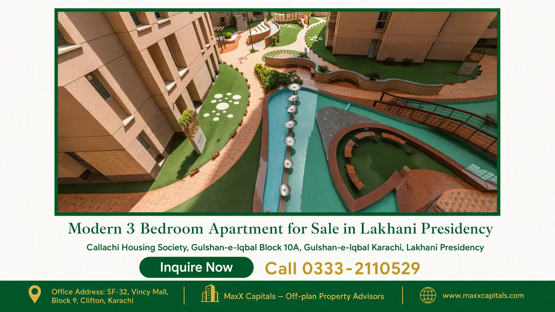 Modern 3 Bedroom Apartment for Sale in Lakhani Presidency Modern courtyard in Lakhani Presidency featuring landscaped paths, water features, and seating areas for residents.