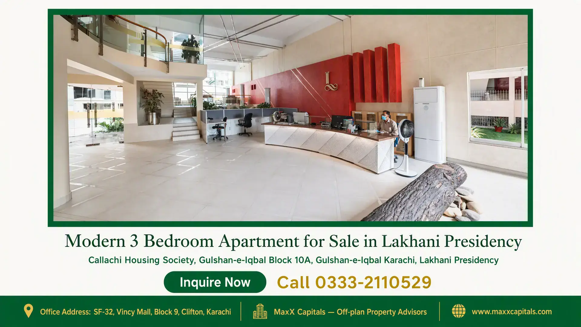 Modern 3 Bedroom Apartment for Sale in Lakhani Presidency Spacious and modern reception area in Lakhani Presidency with contemporary interior design and natural light.