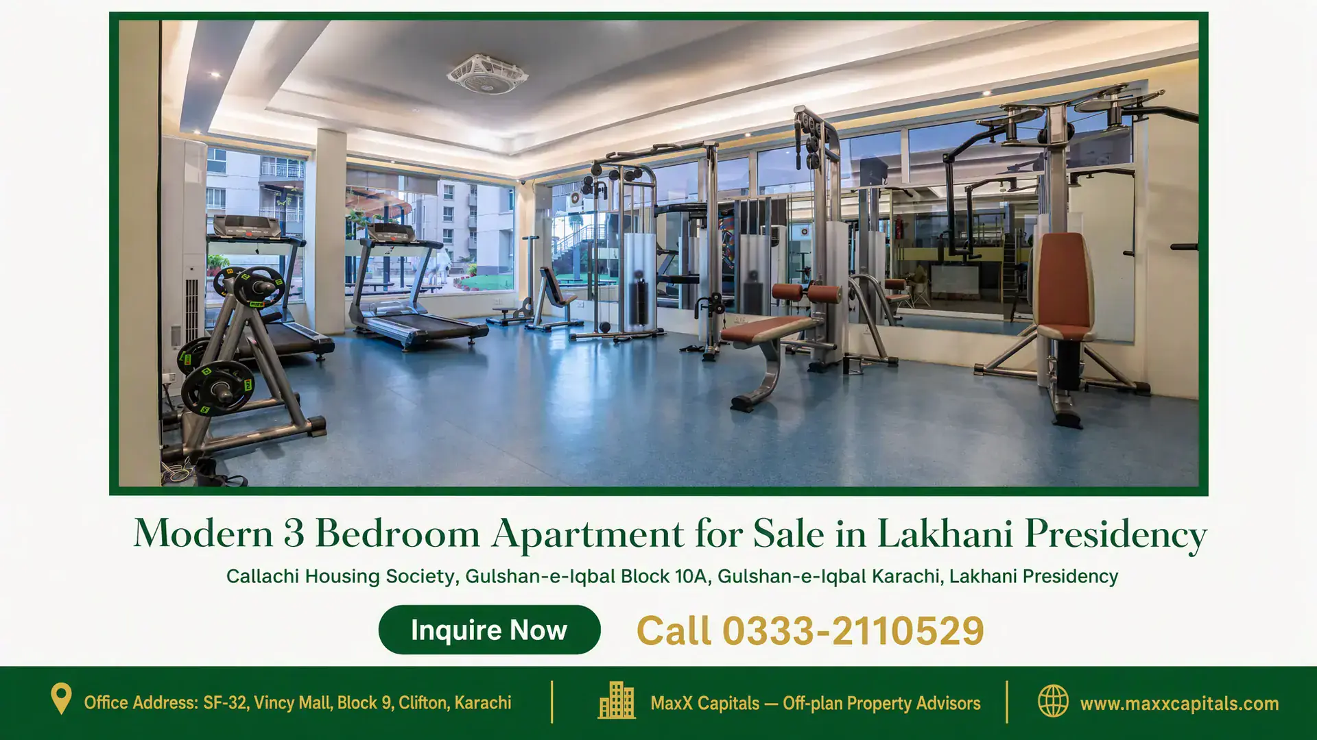 Modern 3 Bedroom Apartment for Sale in Lakhani Presidency Modern gym in Lakhani Presidency with state-of-the-art fitness equipment, including treadmills and weight machines, and large