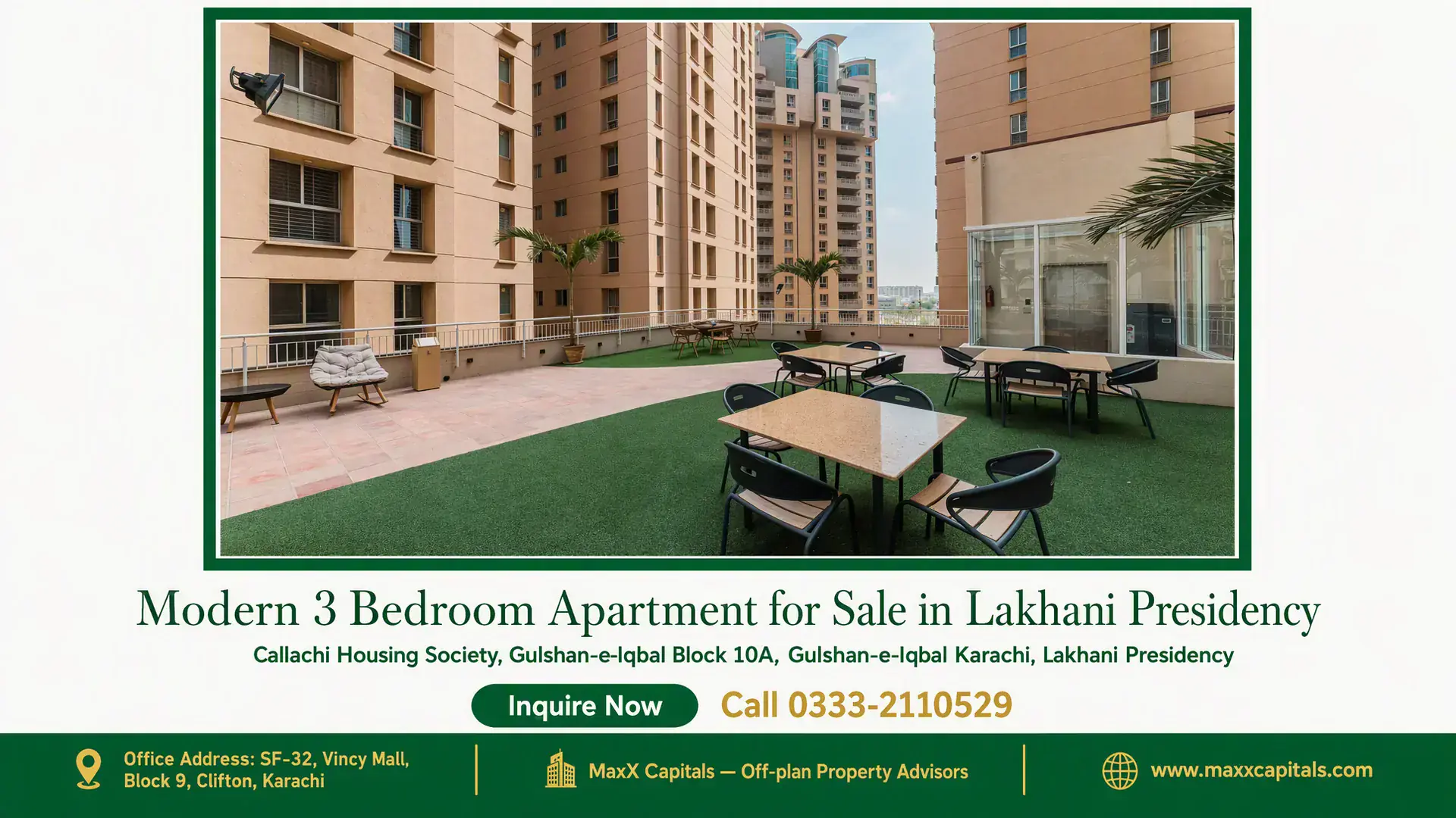 Modern 3 Bedroom Apartment for Sale in Lakhani Presidency Outdoor seating area with modern tables and chairs on a landscaped terrace surrounded by luxury apartment buildings in Lakhan