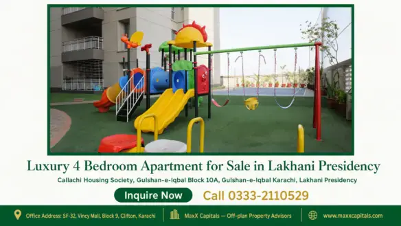 Children's playground with colorful slides, swings, and safety flooring in an outdoor area of Lakhani Presidency apartments.
