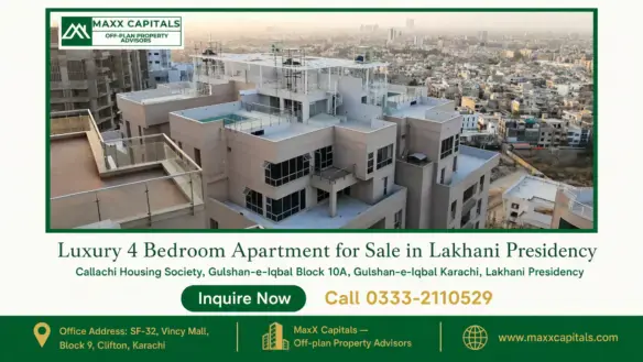 Elevated view of a luxury apartment complex in Lakhani Presidency with modern terraces and a panoramic cityscape in the backg