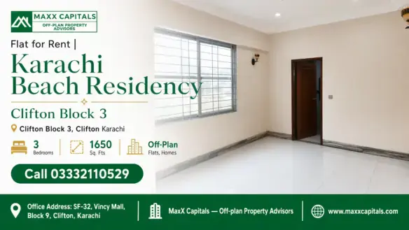 Bright And Spacious Room With Large Window, White Tiled Flooring, Beige Walls, And A Wooden Door In Karachi Beach Residency.