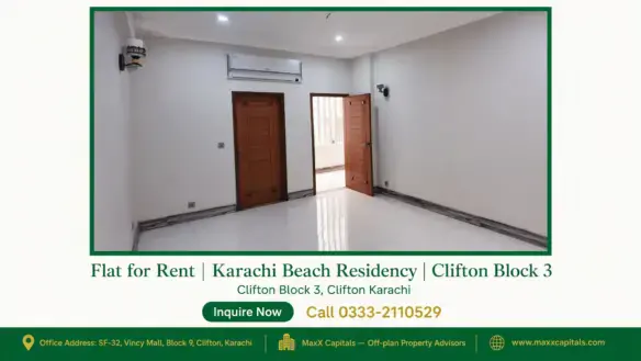 A modern minimalist room in Karachi Beach Residency with wooden doors, white tiled flooring, and built-in air conditioning.