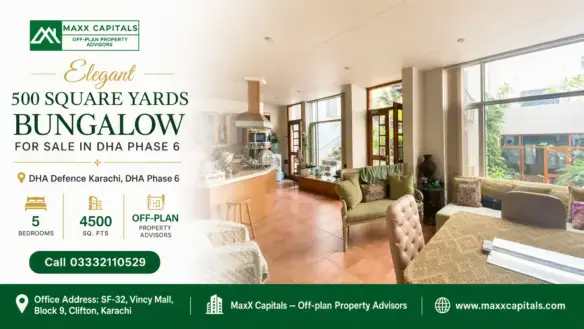 Spacious Living Area Of A Luxury Bungalow For Sale In Dha Phase 6, Featuring Large Windows, Natural Light, And Elegant Furnit