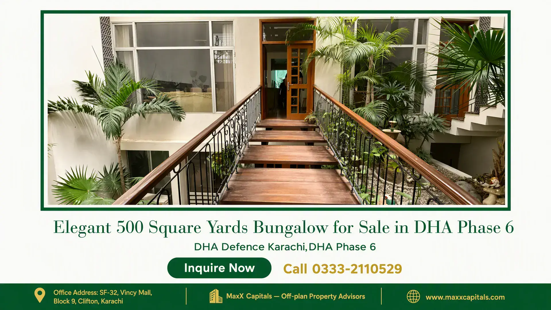 Elegant 500 Square Yards Bungalow for Sale in DHA Phase 6 Elegant wooden bridge with intricate iron railings leading to a modern bungalow entrance in DHA Phase 6, surrounded by lush g