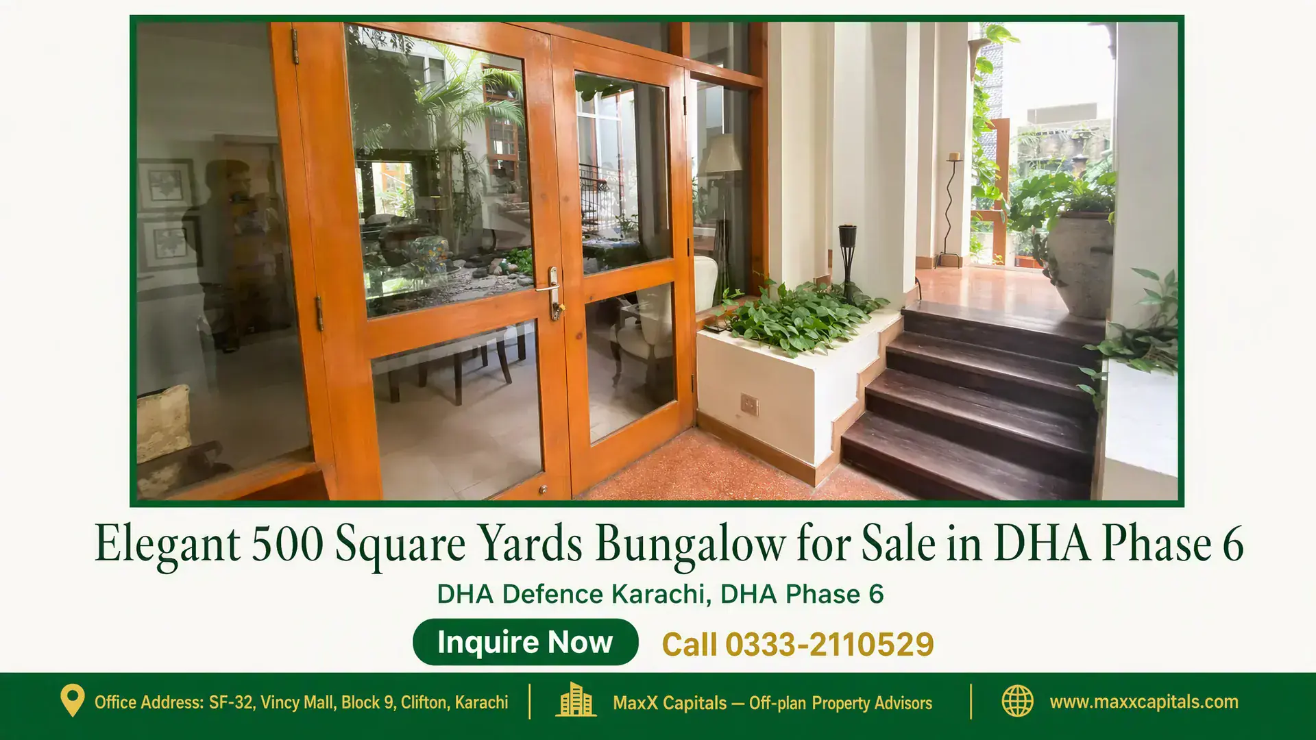 Elegant 500 Square Yards Bungalow for Sale in DHA Phase 6 Elegant bungalow entrance with wooden doors, lush indoor plants, and polished stairs in DHA Phase 6.