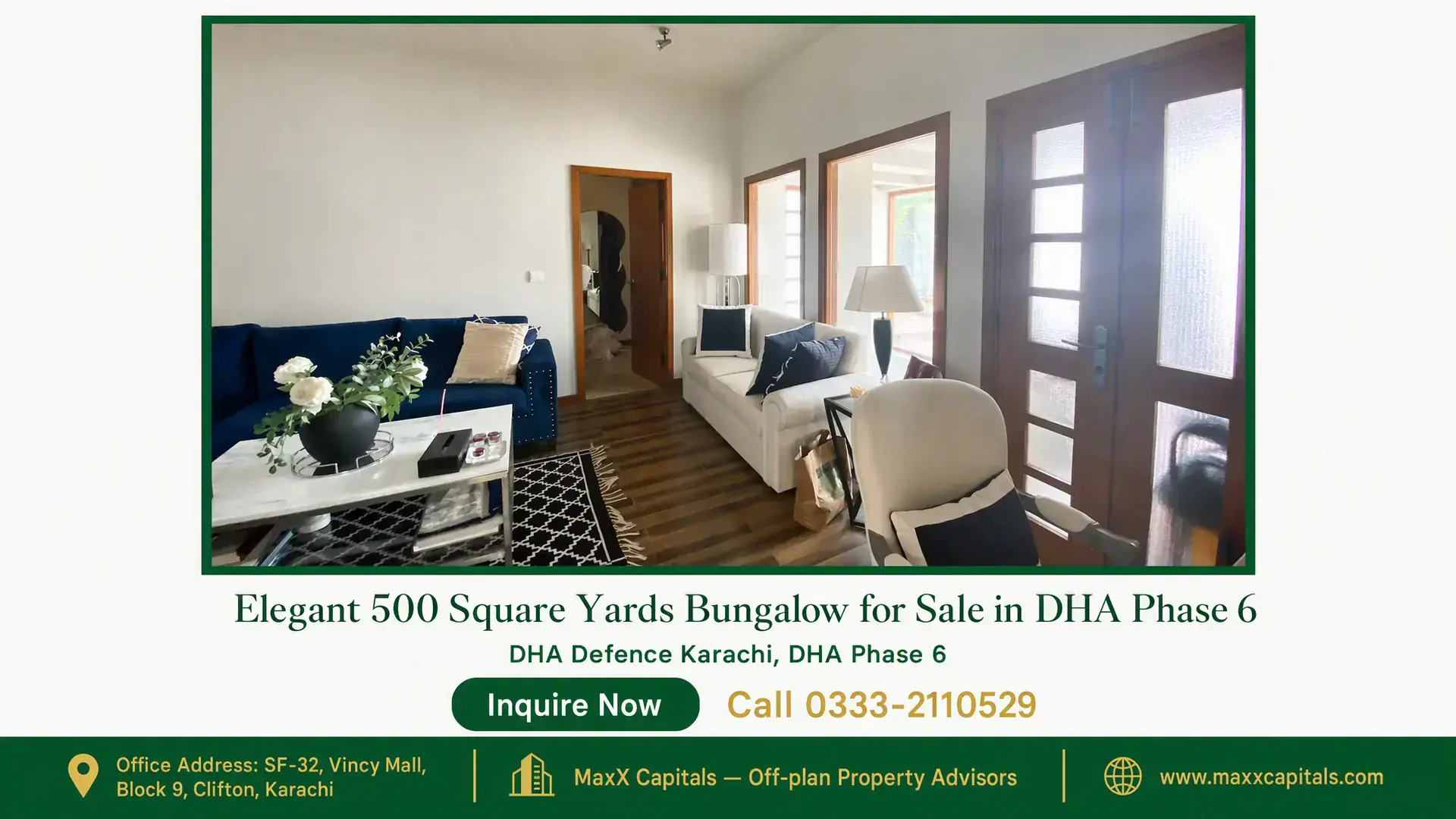 Elegant 500 Square Yards Bungalow for Sale in DHA Phase 6 Spacious living room in a 500 square yards bungalow for sale in DHA Phase 6 featuring modern furniture and wood flooring.