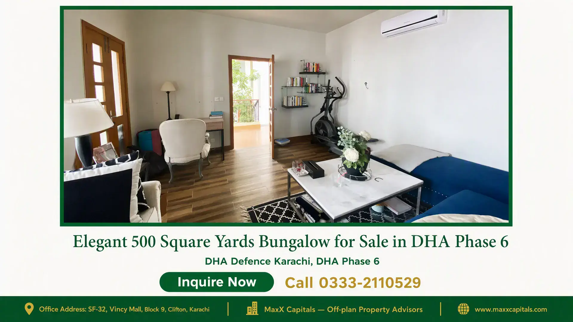 Elegant 500 Square Yards Bungalow for Sale in DHA Phase 6 Bright living area in a 500 square yards bungalow for sale in DHA with wooden flooring, modern furniture, and natural light.