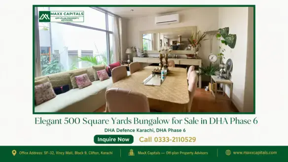 Spacious dining and living area in a luxurious bungalow for sale in DHA, featuring large windows, elegant decor, and lush gre