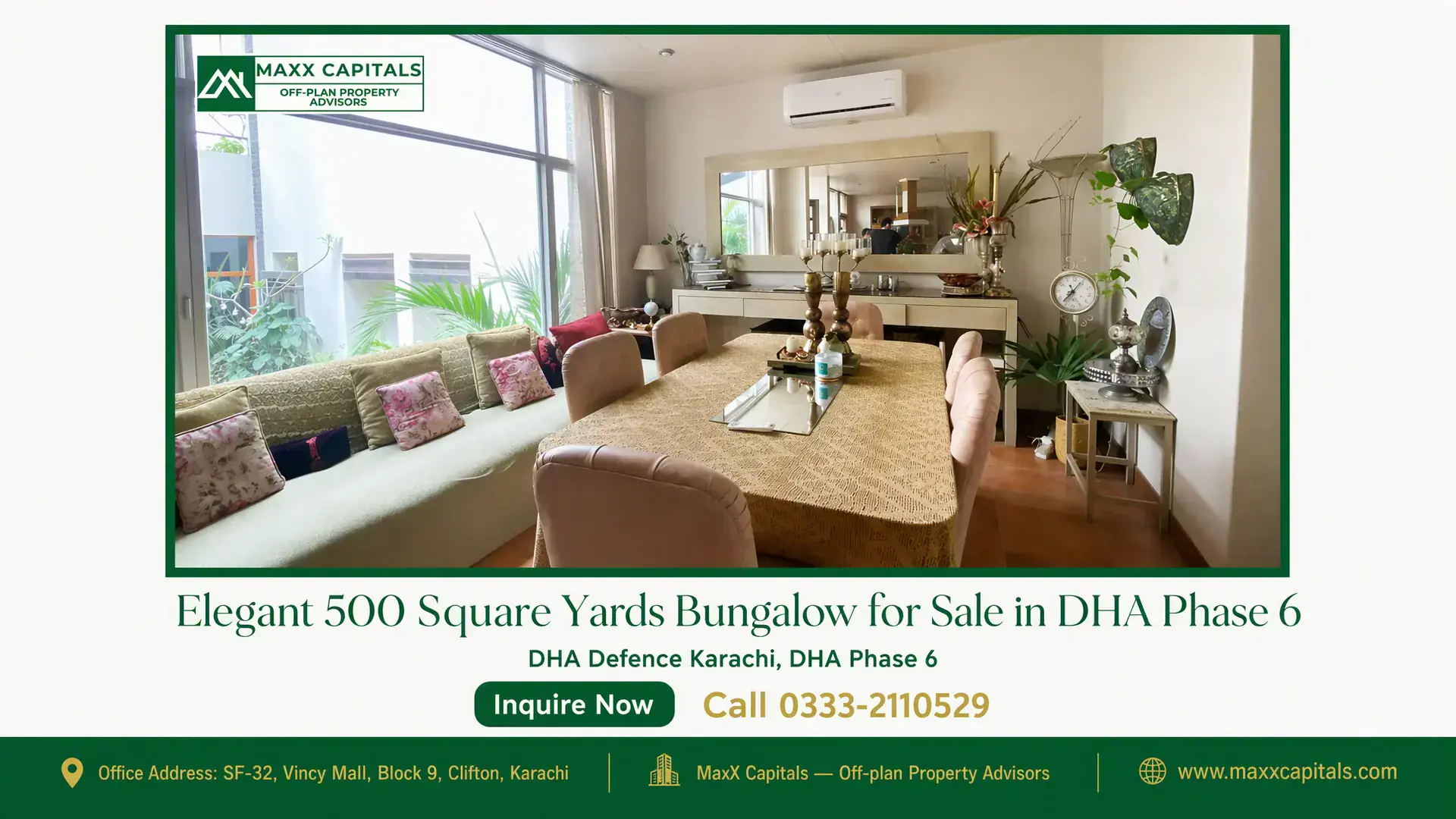 Elegant 500 Square Yards Bungalow for Sale in DHA Phase 6 Spacious dining and living area in a luxurious bungalow for sale in DHA, featuring large windows, elegant decor, and lush gre