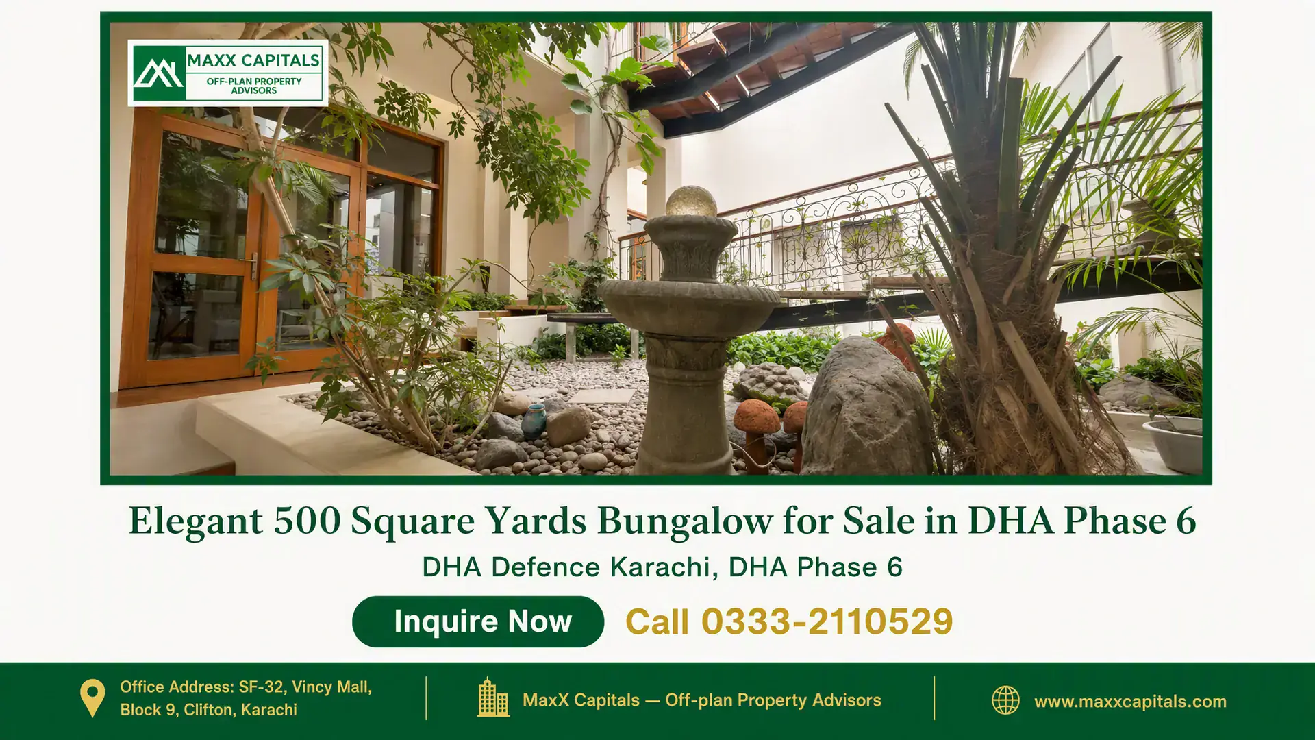 Elegant 500 Square Yards Bungalow for Sale in DHA Phase 6 Courtyard of a luxury bungalow in DHA Phase 6 with wooden doors, potted plants, a water fountain, and wrought iron railings.