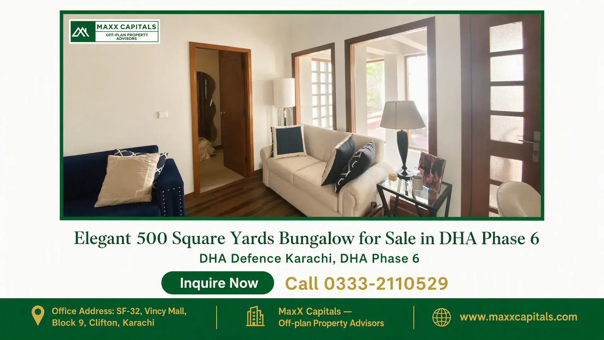 Elegant 500 Square Yards Bungalow for Sale in DHA Phase 6 Spacious living room in a bungalow for sale in DHA featuring a wooden door, glass windows, and modern furniture.
