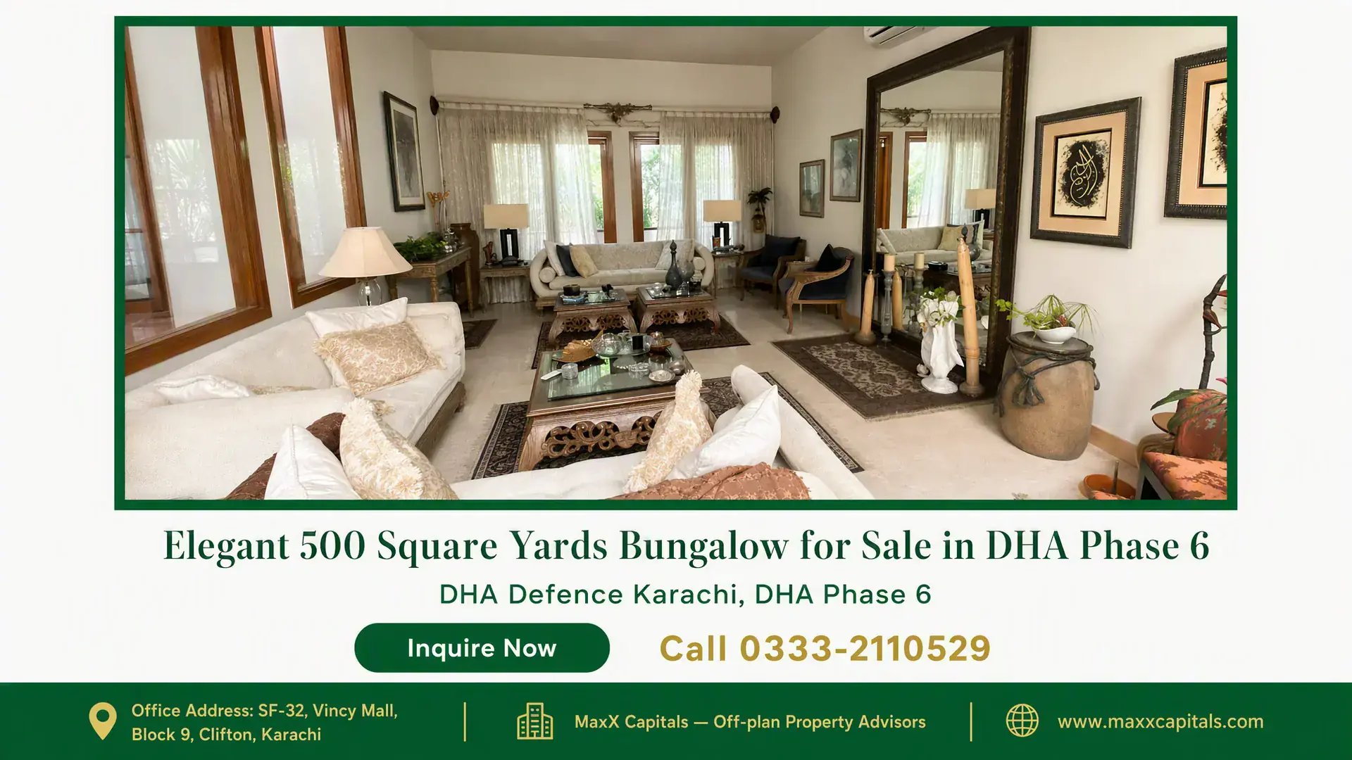 Elegant 500 Square Yards Bungalow for Sale in DHA Phase 6 Spacious living room with elegant furnishings, soft neutral tones, large windows, and ornate decor in a bungalow for sale in