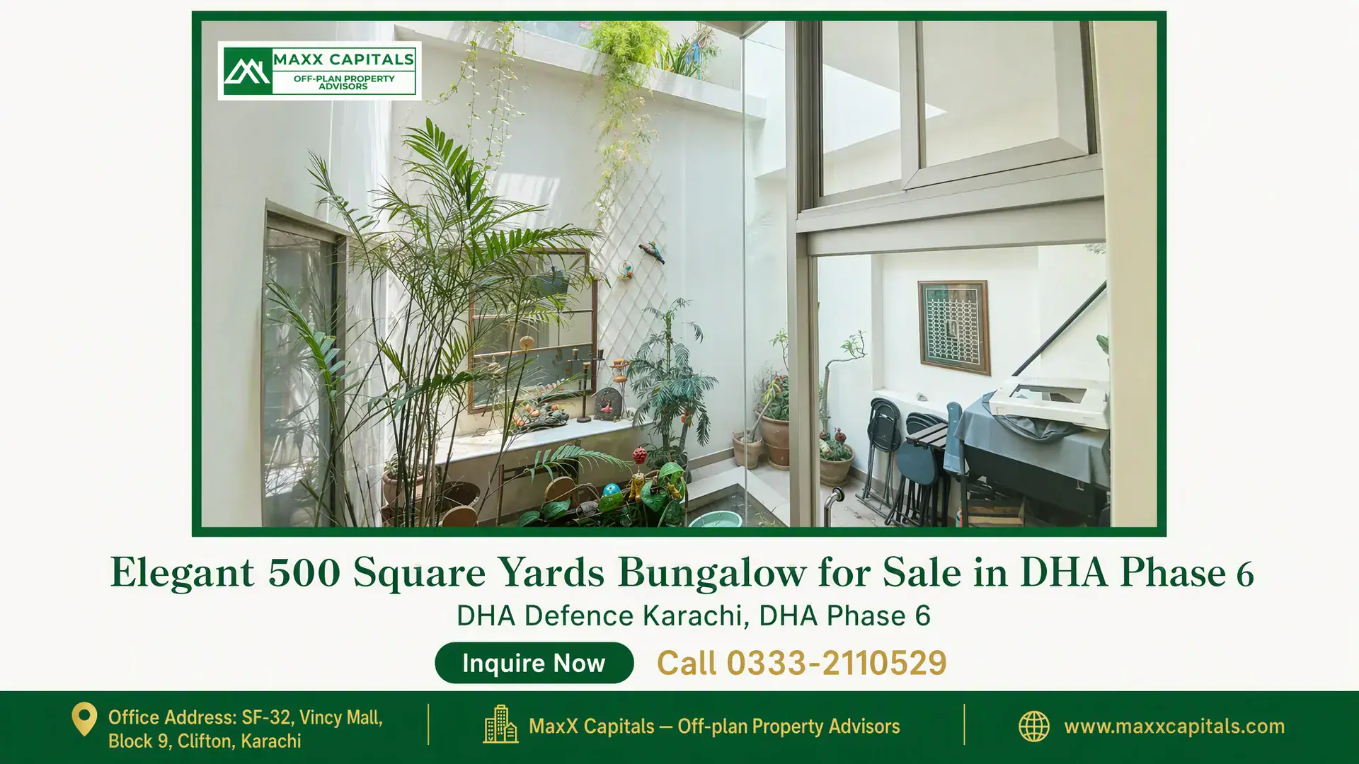 Elegant 500 Square Yards Bungalow for Sale in DHA Phase 6 Open indoor courtyard with greenery, natural light, and modern architecture in a bungalow for sale in DHA Phase 6.