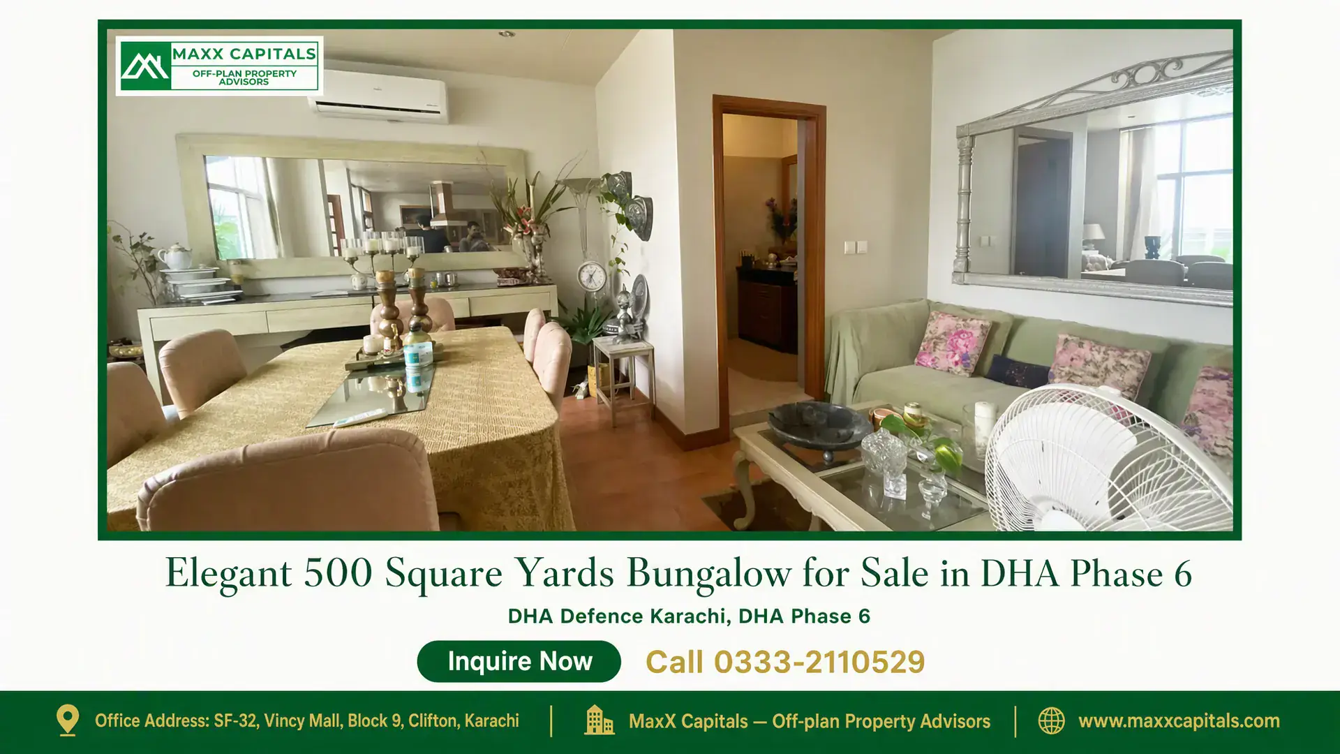 Elegant 500 Square Yards Bungalow for Sale in DHA Phase 6 Spacious dining and living area in a bungalow for sale in DHA, featuring elegant furnishings and modern decor.