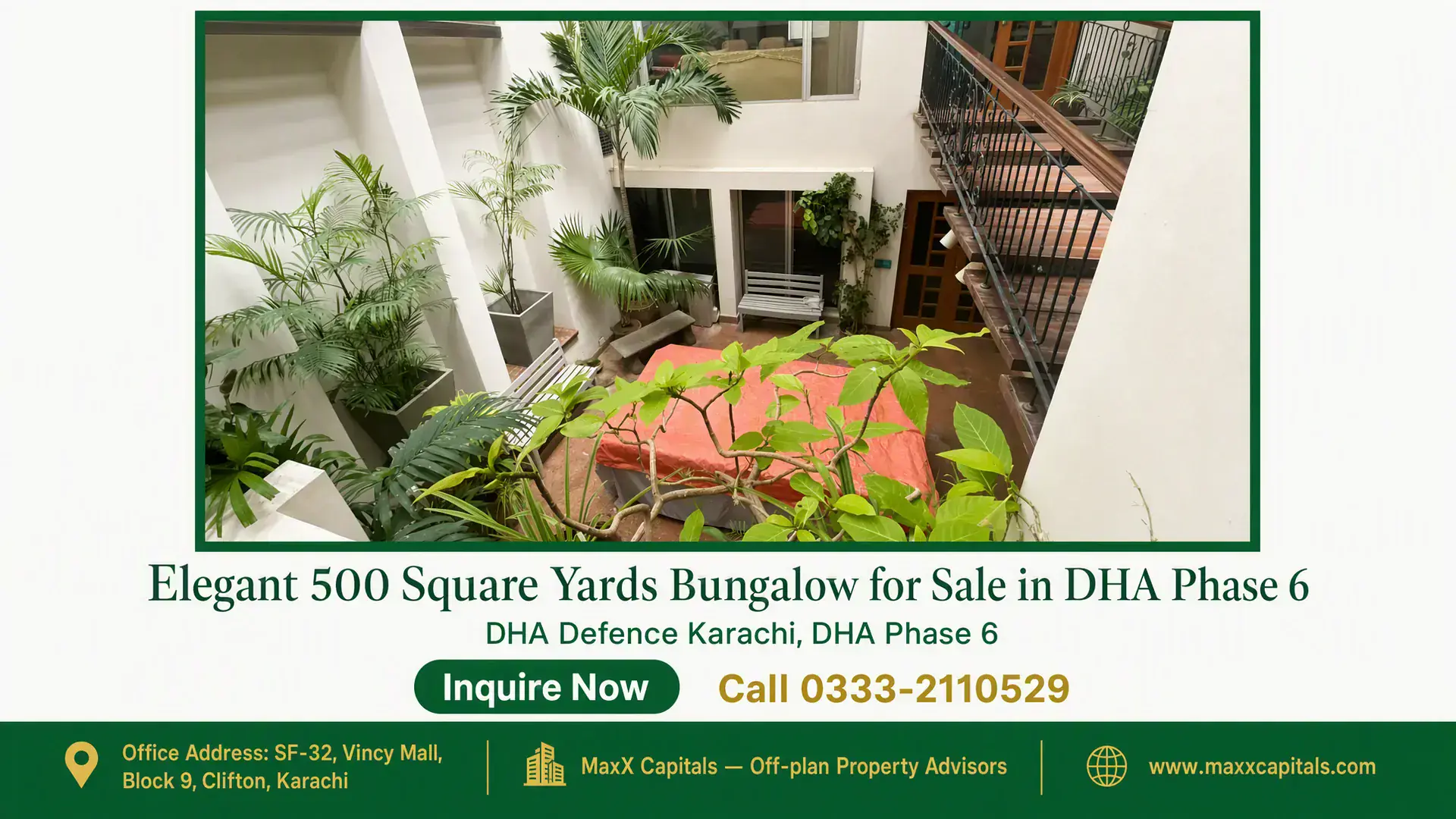 Elegant 500 Square Yards Bungalow for Sale in DHA Phase 6 Open courtyard with lush greenery, modern white walls, wooden railings, and large windows in a bungalow for sale in DHA.