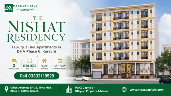 Modern Six-Story Apartment Building With A Beige Facade, Balconies, And Ground Floor Commercial Spaces In Dha Phase 6, Karach