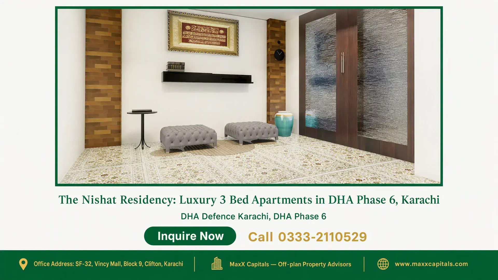 The Nishat Residency: Luxury 3 Bed Apartments in DHA Phase 6, Karachi Modern sitting area in Nishat Residency with textured glass doors, patterned flooring, and wooden accent walls in DHA Phase 6