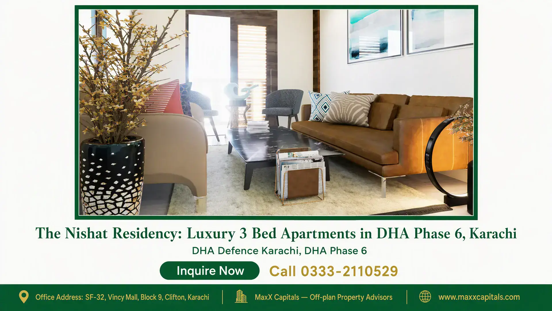 The Nishat Residency: Luxury 3 Bed Apartments in DHA Phase 6, Karachi Modern living area with a brown leather sofa, patterned cushions, marble coffee table, and floor-to-ceiling windows at Nishat