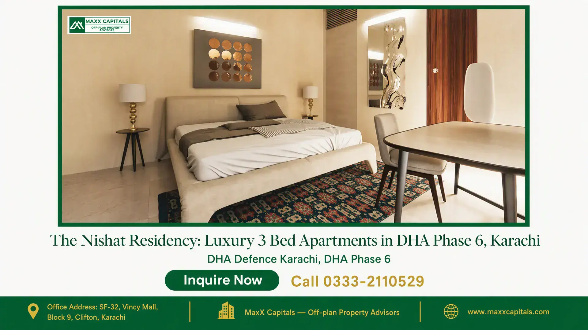 The Nishat Residency: Luxury 3 Bed Apartments in DHA Phase 6, Karachi Modern bedroom with upholstered bed, decorative rug, artistic wall decor, and dining table in Nishat Residency, DHA Phase 6,