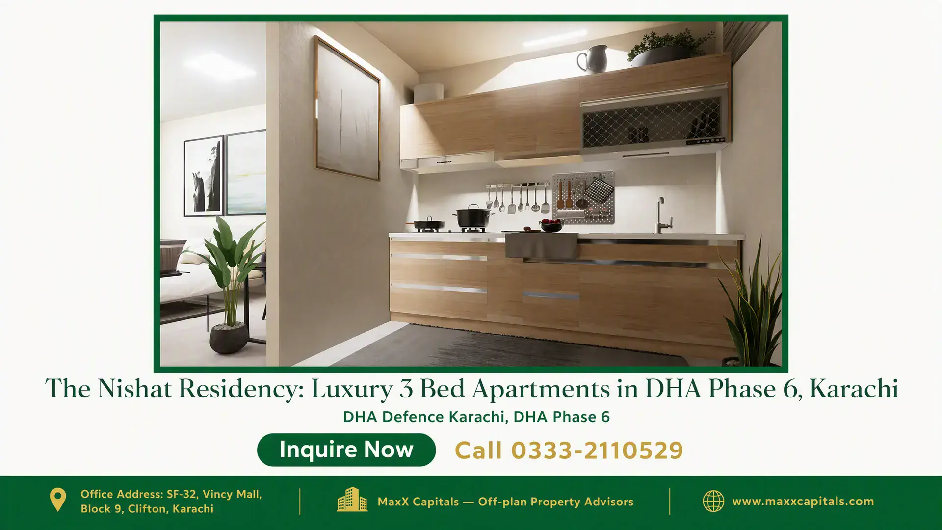 The Nishat Residency: Luxury 3 Bed Apartments in DHA Phase 6, Karachi Modern kitchen with wooden cabinetry, sleek countertop, and minimalist decor at Nishat Residency in DHA Phase 6, Karachi.
