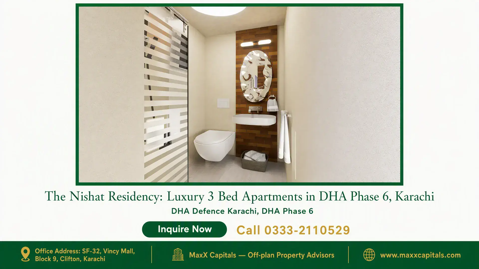 The Nishat Residency: Luxury 3 Bed Apartments in DHA Phase 6, Karachi Modern bathroom with a wall-mounted toilet, sink, oval mirror, wood-textured feature wall, and frosted glass partition at Nis