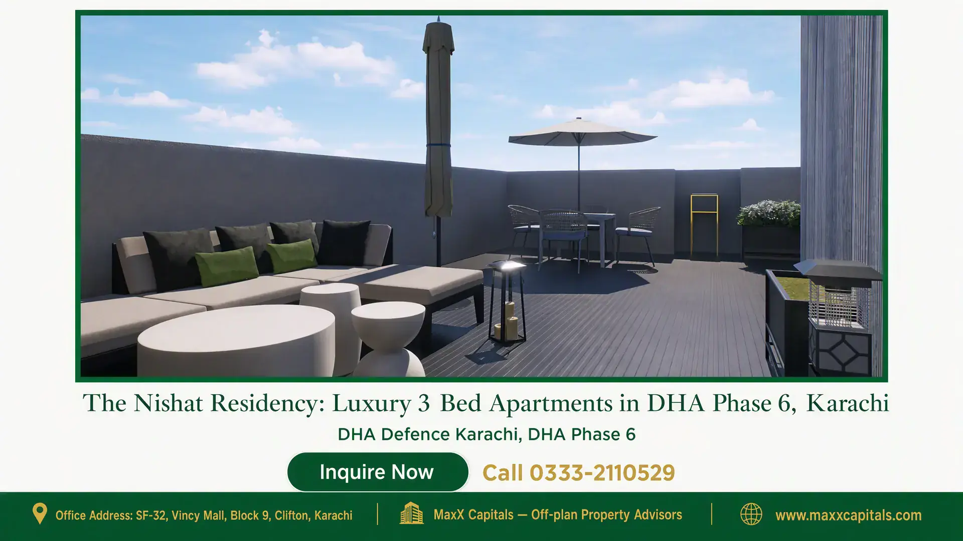 The Nishat Residency: Luxury 3 Bed Apartments in DHA Phase 6, Karachi Modern rooftop terrace at Nishat Residency with outdoor seating, tables, umbrellas, and city views in DHA Phase 6, Karachi.