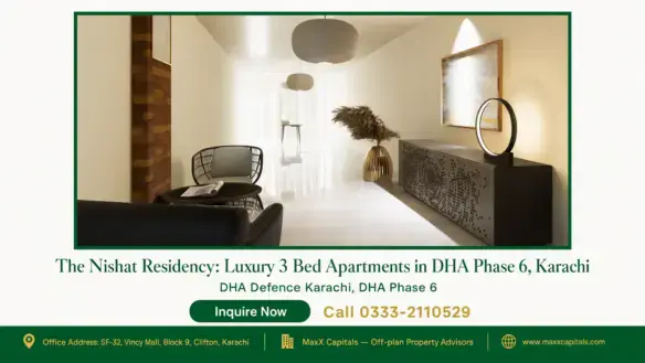 Stylish modern living area with contemporary furniture, ambient lighting, and elegant decor in Nishat Residency, DHA Phase 6,