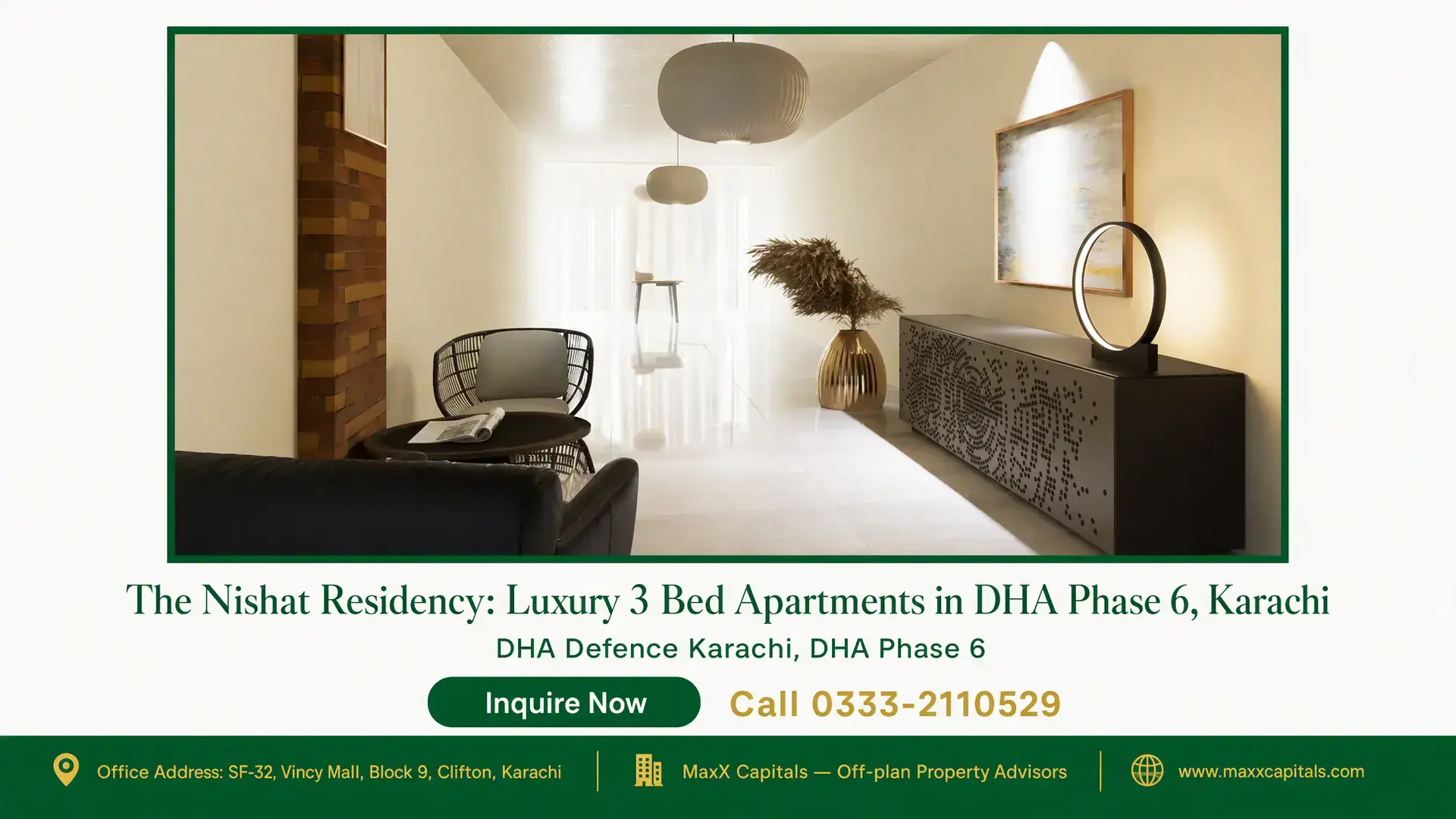 The Nishat Residency: Luxury 3 Bed Apartments in DHA Phase 6, Karachi Stylish modern living area with contemporary furniture, ambient lighting, and elegant decor in Nishat Residency, DHA Phase 6,