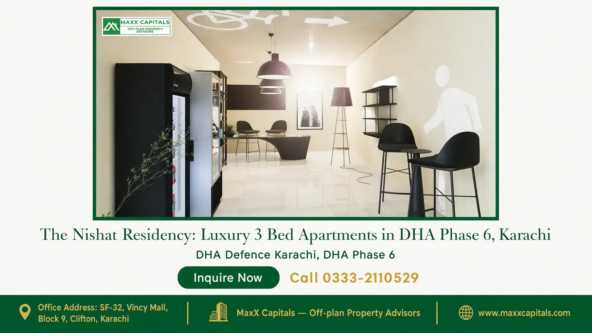 The Nishat Residency: Luxury 3 Bed Apartments in DHA Phase 6, Karachi Modern lounge area with minimalist furniture, black pendants, and subtle decor at The Nishat Residency in DHA Phase 6, Karach