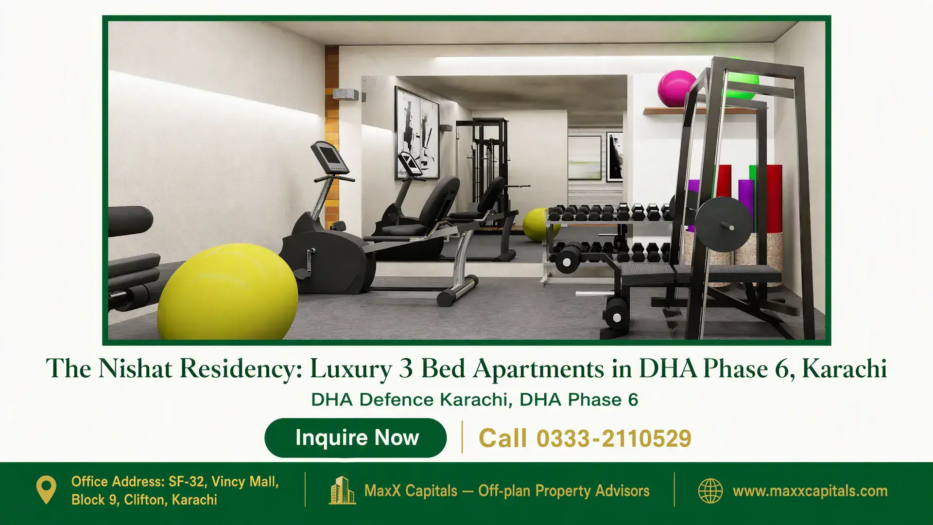 The Nishat Residency: Luxury 3 Bed Apartments in DHA Phase 6, Karachi Modern gym with exercise equipment, including dumbbells, stationary bikes, and colorful fitness balls at Nishat Residency in