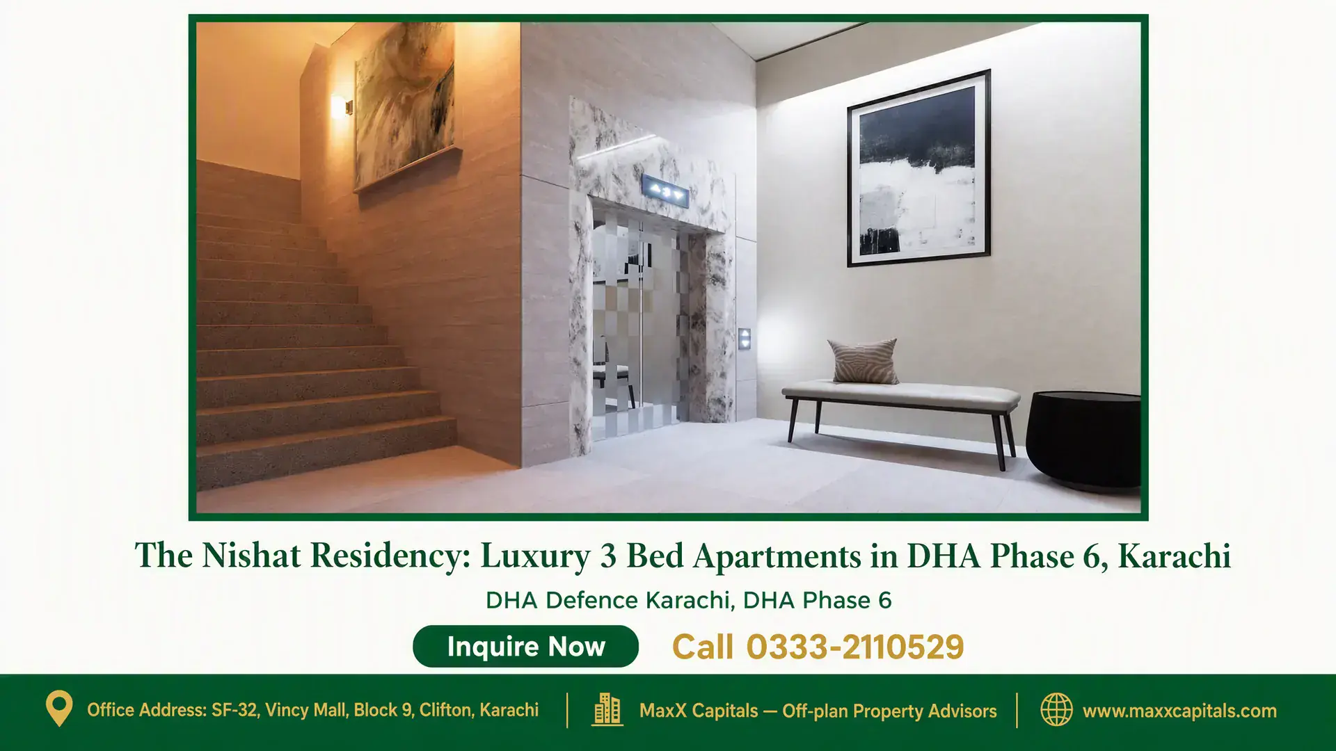 The Nishat Residency: Luxury 3 Bed Apartments in DHA Phase 6, Karachi Elegant lobby area of Nishat Residency in DHA Phase 6 Karachi, featuring marble elevator entrance, a staircase, and modern de