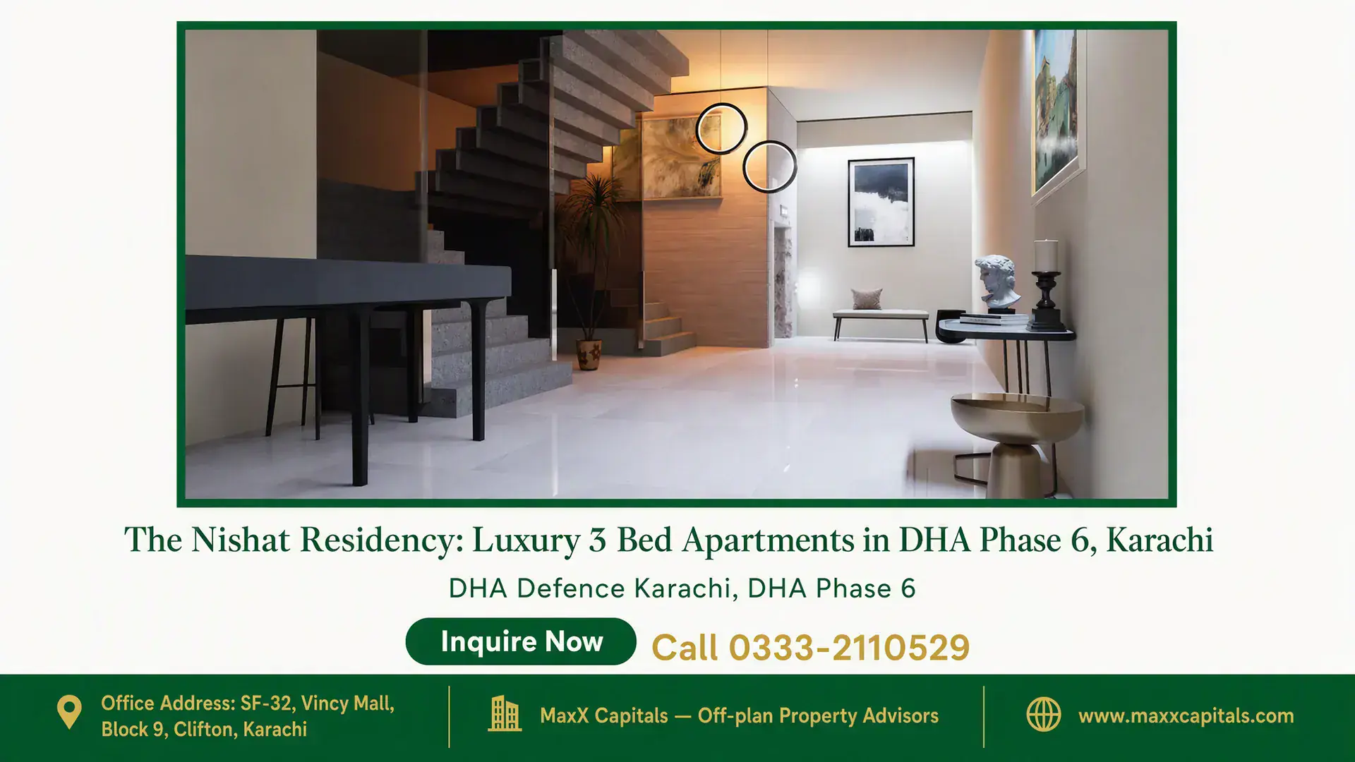 The Nishat Residency: Luxury 3 Bed Apartments in DHA Phase 6, Karachi Modern staircase with sleek design, minimalist decor, pendant lighting, and polished flooring at Nishat Residency.