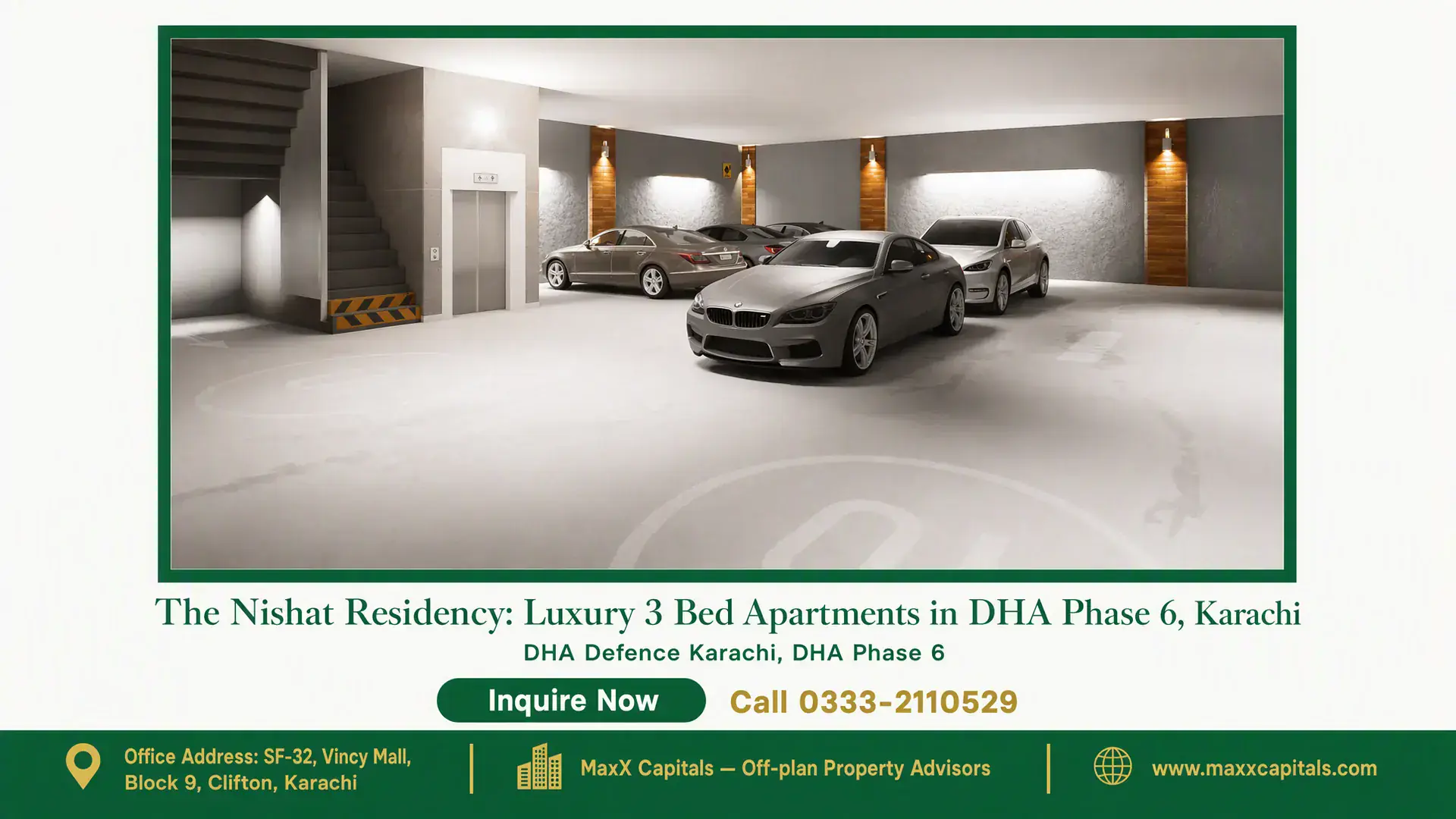 The Nishat Residency: Luxury 3 Bed Apartments in DHA Phase 6, Karachi Well-lit parking area at Nishat Residency, featuring luxury cars, modern elevator access, and sleek architectural finishes.