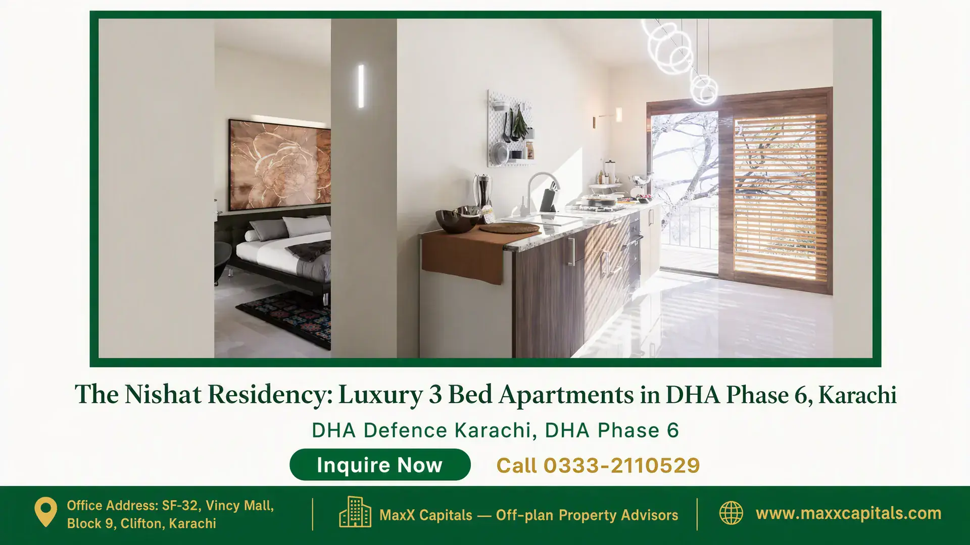 The Nishat Residency: Luxury 3 Bed Apartments in DHA Phase 6, Karachi Modern kitchen with wood cabinetry, stainless fixtures, natural light, and sliding doors in Nishat Residency apartments, Kara